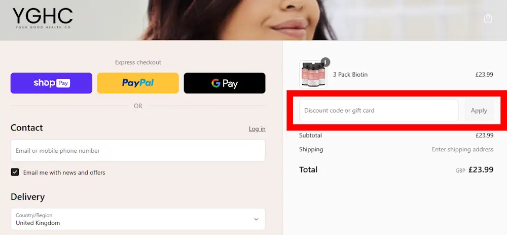Screenshot showing where to apply a Your Good Health Co promo code during checkout on yourgoodhealthcompany.com.