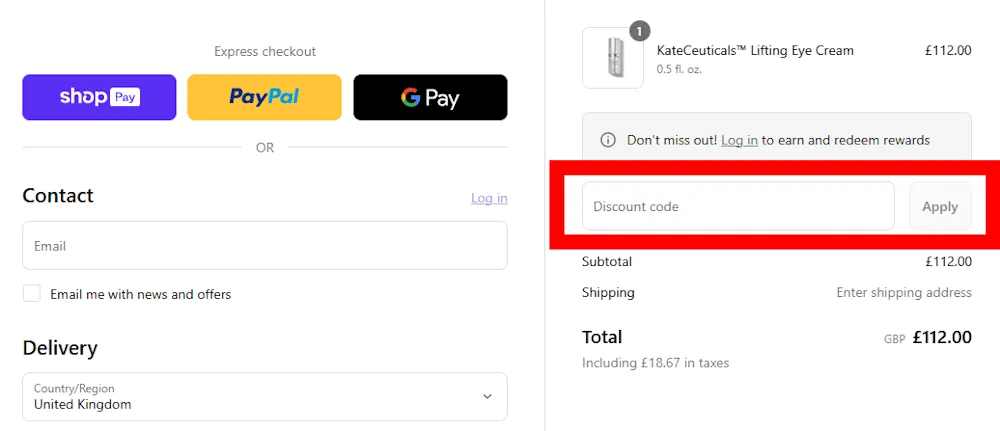 Screenshot showing where to apply a Kate Somerville code on www.katesomerville.co.uk