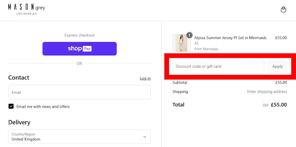Screenshot showing where to apply a MASONgrey code on masongreyla.com