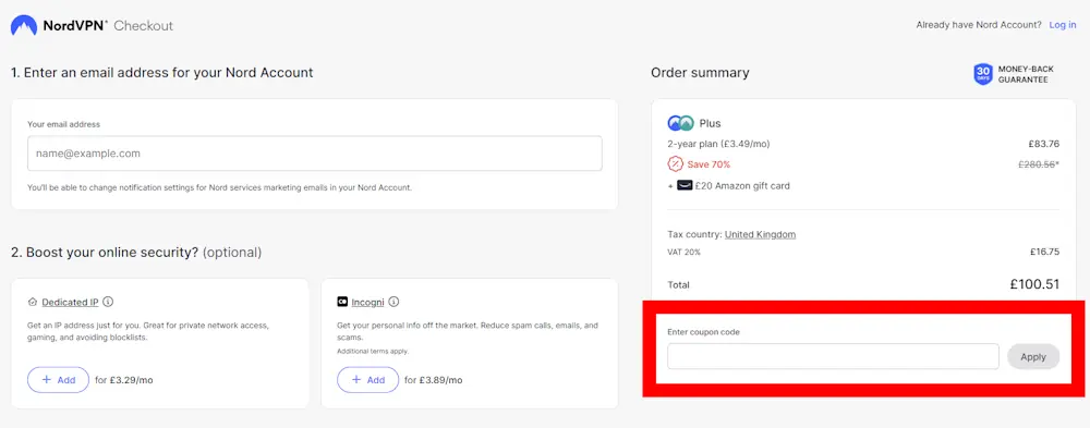 Screenshot showing where to apply a NordVPN code on nordvpn.com.