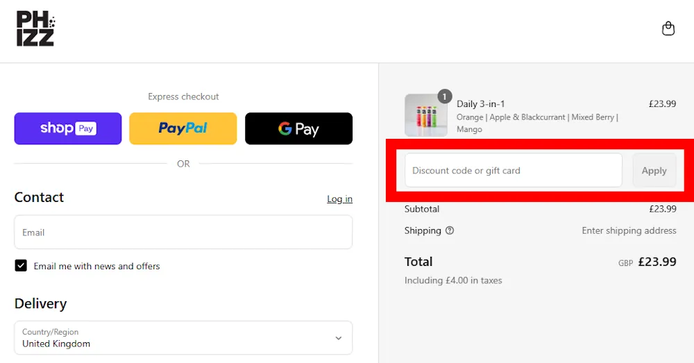 Screenshot showing where to apply a Phizz code at checkout on www.phizz.co