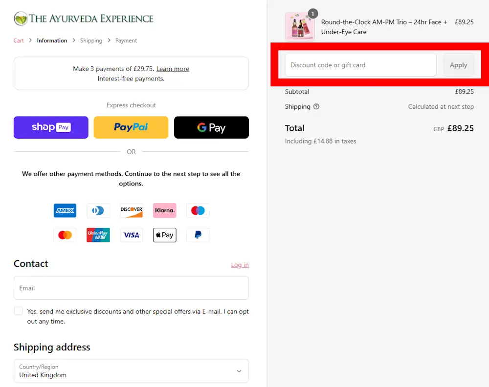 Screenshot showing where to apply a Ayurveda code on theayurvedaexperience.co.uk