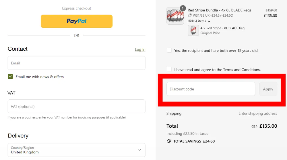 Screenshot showing where to apply a beerwulf promo code on beerwulf.com