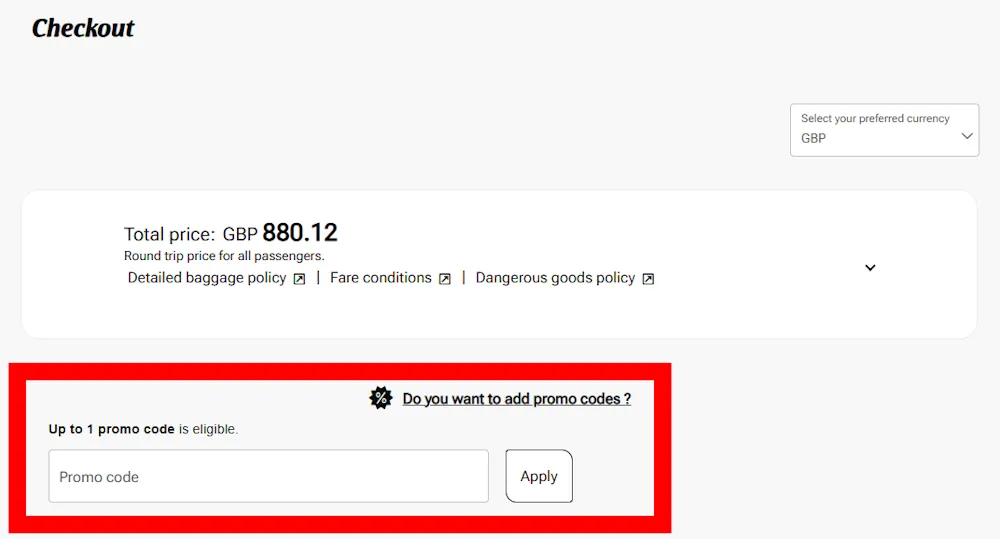 Screenshot showing where to apply a Kenya Airways promo code on www.kenya-airways.com.